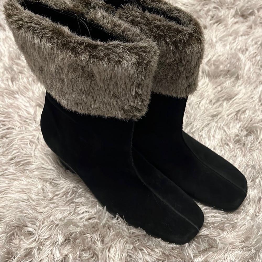 Aerosoles Black Faux Fur Trim Wedge Boots - Picture 3 of 8